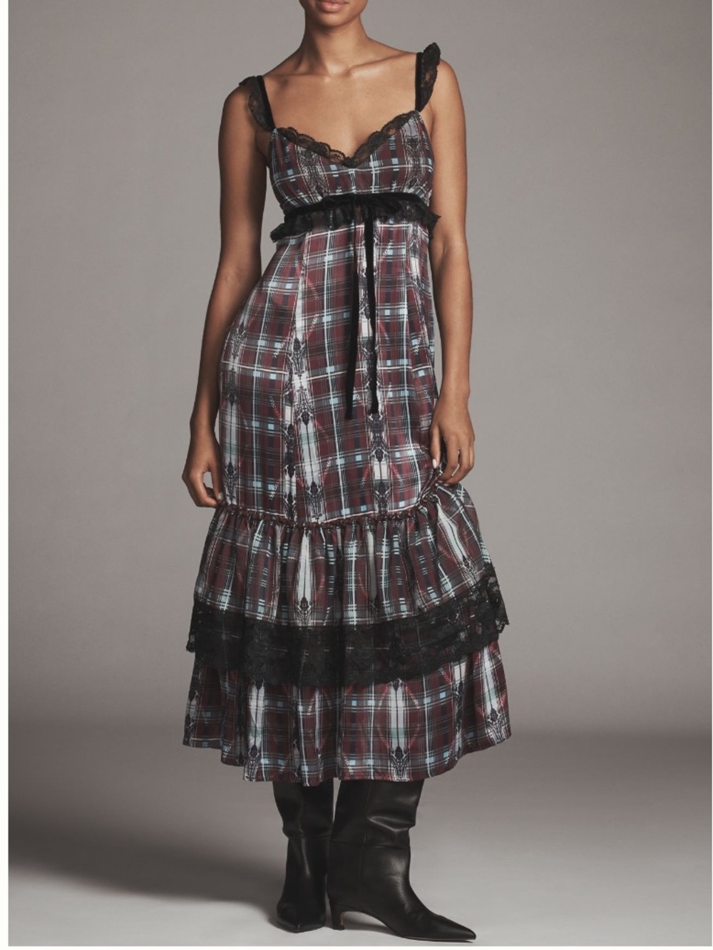Anthropologie Plaid Lace-Trim Midi Dress in Burgundy and Black